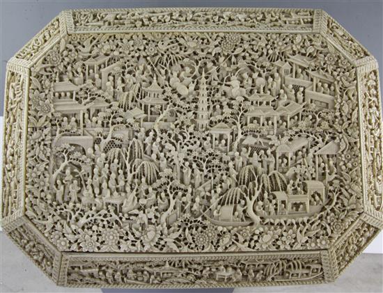 A good and impressive Chinese export ivory sewing casket, 19th century, width 39cm depth 27cm height 18.5cm